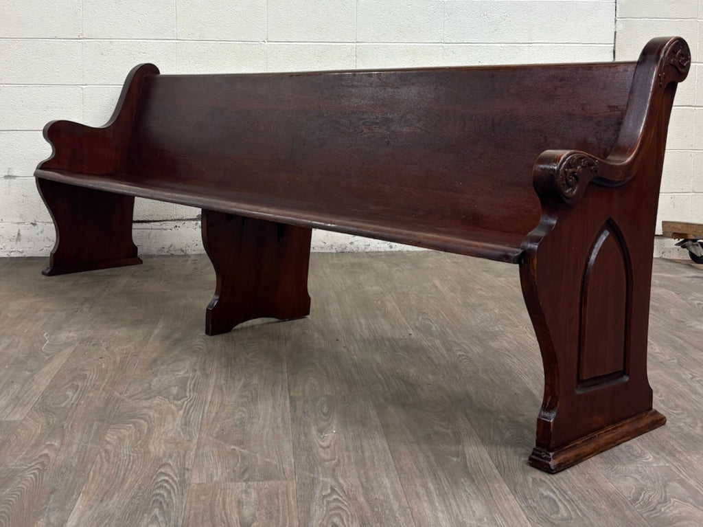 Antique American Gothic Revival 8 Ft Carved Solid Oak Church Pew