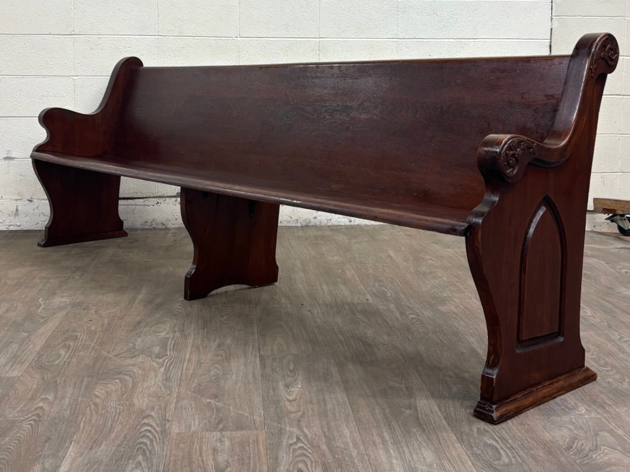 Antique American Gothic Revival 8 Ft Carved Solid Oak Church Pew