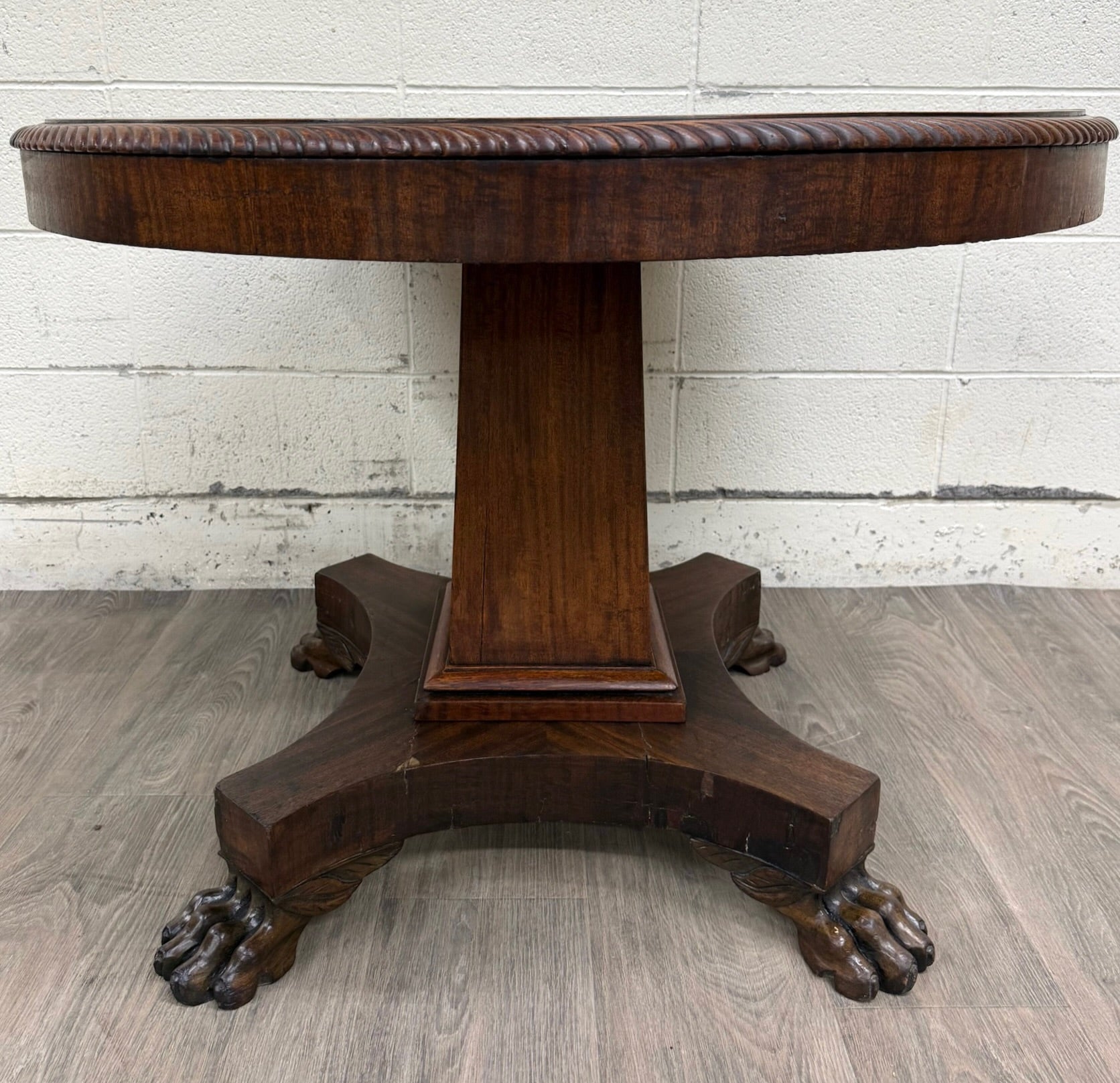 Antique American Empire Carved Mahogany Lion Paw Feet Pedestal Center Table