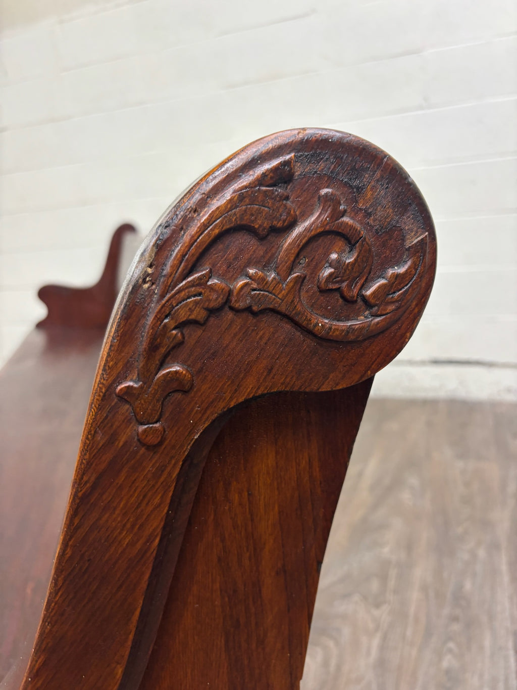 Antique American Gothic Revival 8 Ft Carved Solid Oak Church Pew