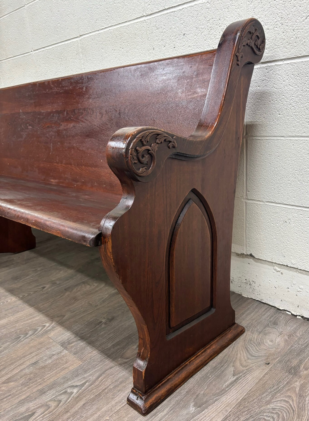 Antique American Gothic Revival 8 Ft Carved Solid Oak Church Pew