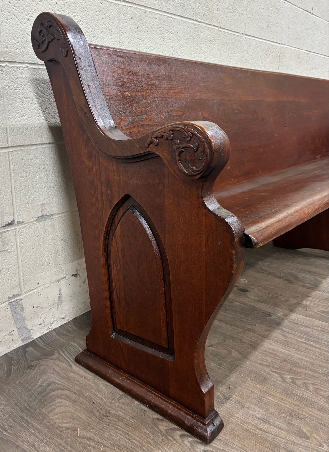 Antique American Gothic Revival 8 Ft Carved Solid Oak Church Pew