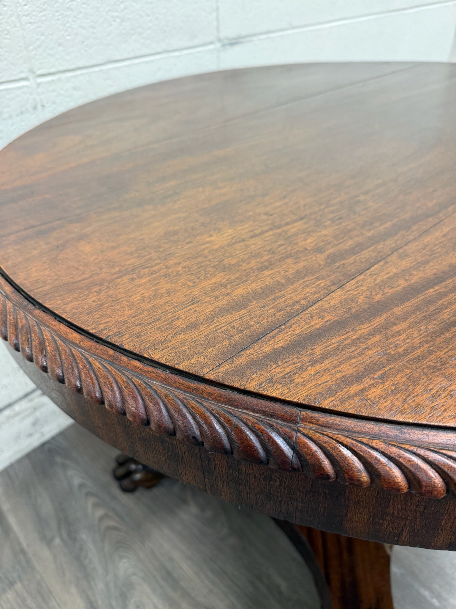 Antique American Empire Carved Mahogany Lion Paw Feet Pedestal Center Table