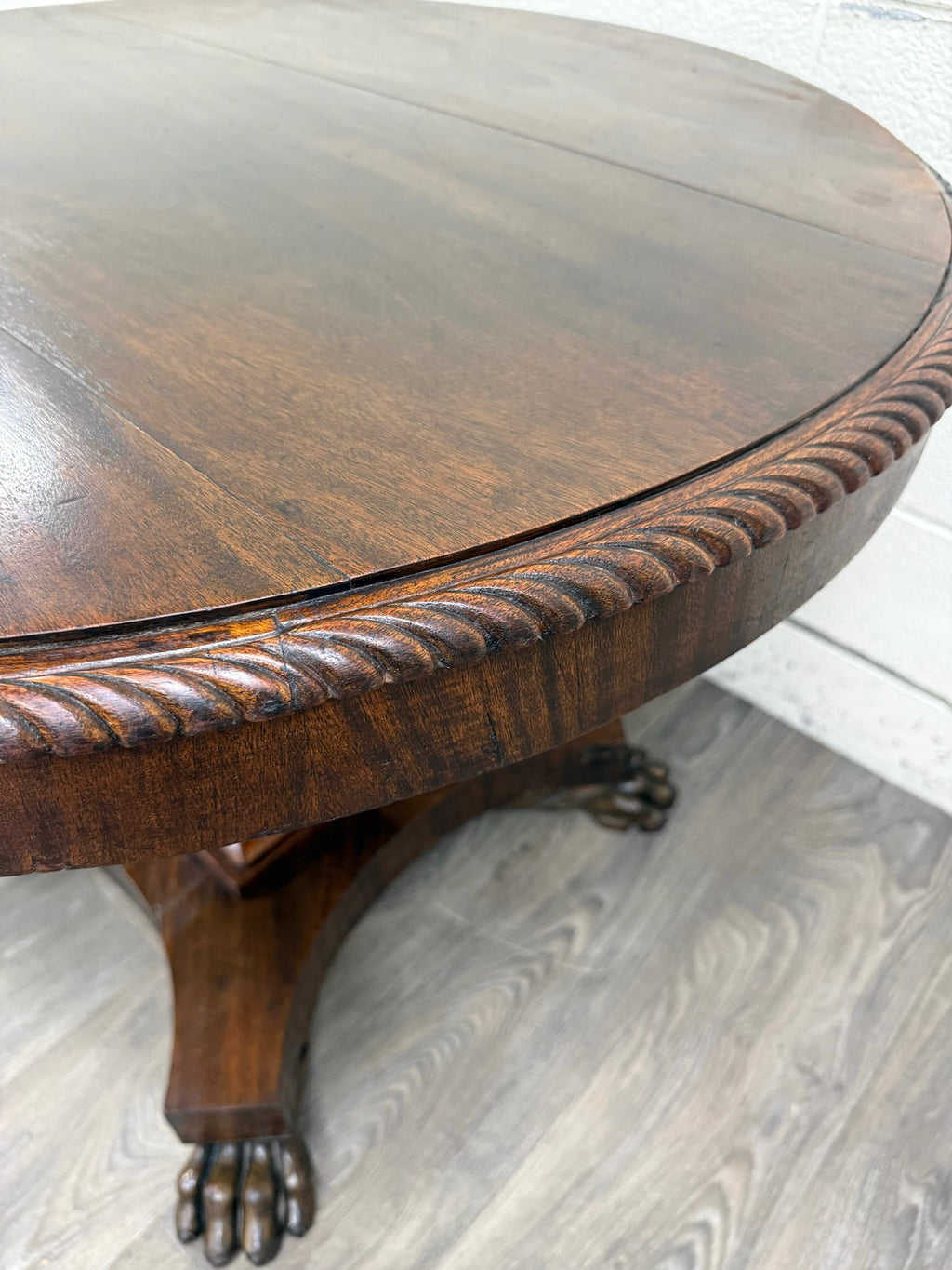 Antique American Empire Carved Mahogany Lion Paw Feet Pedestal Center Table
