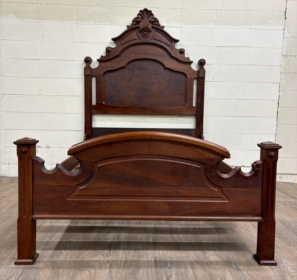 Antique Full Size Victorian Eastlake Monumental High Back Carved Walnut Bed