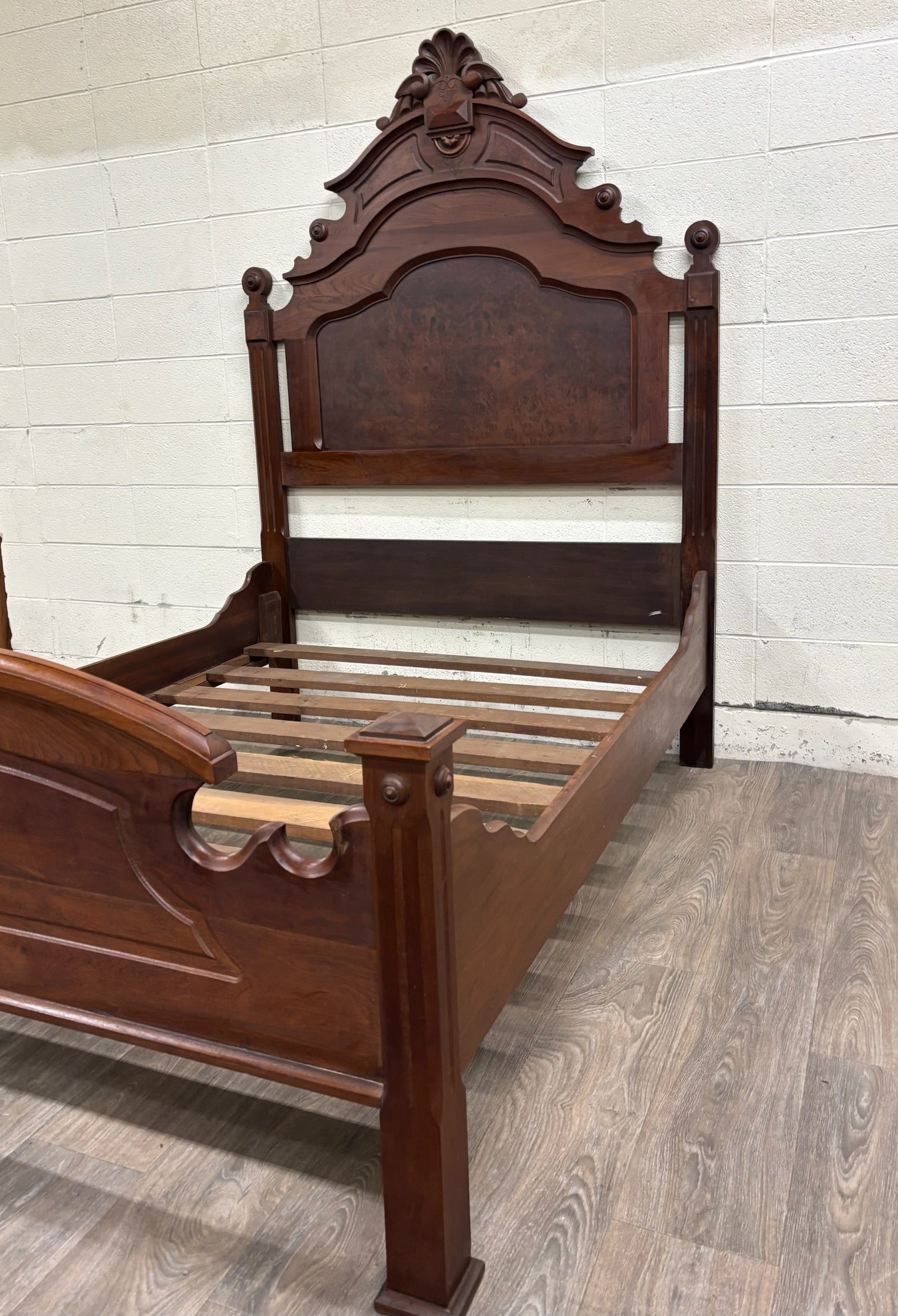 Antique Full Size Victorian Eastlake Monumental High Back Carved Walnut Bed