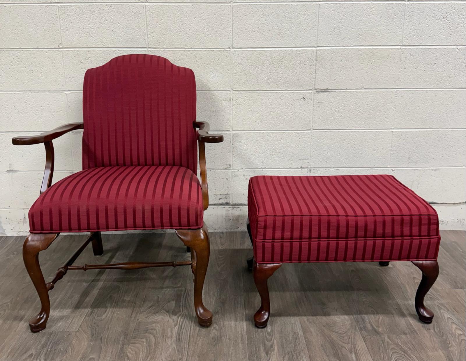 Vintage 1995 Ethan Allen Queen Anne Wingback Lounge Chair with Ottoman
