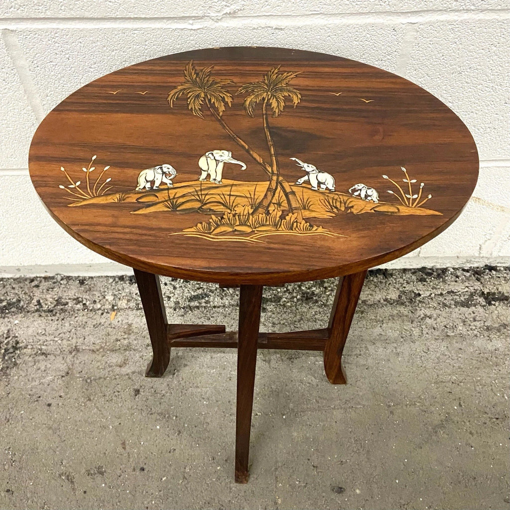 Vintage Shibayama Style Hardwood Side Table with Inlaid Elephant Scene