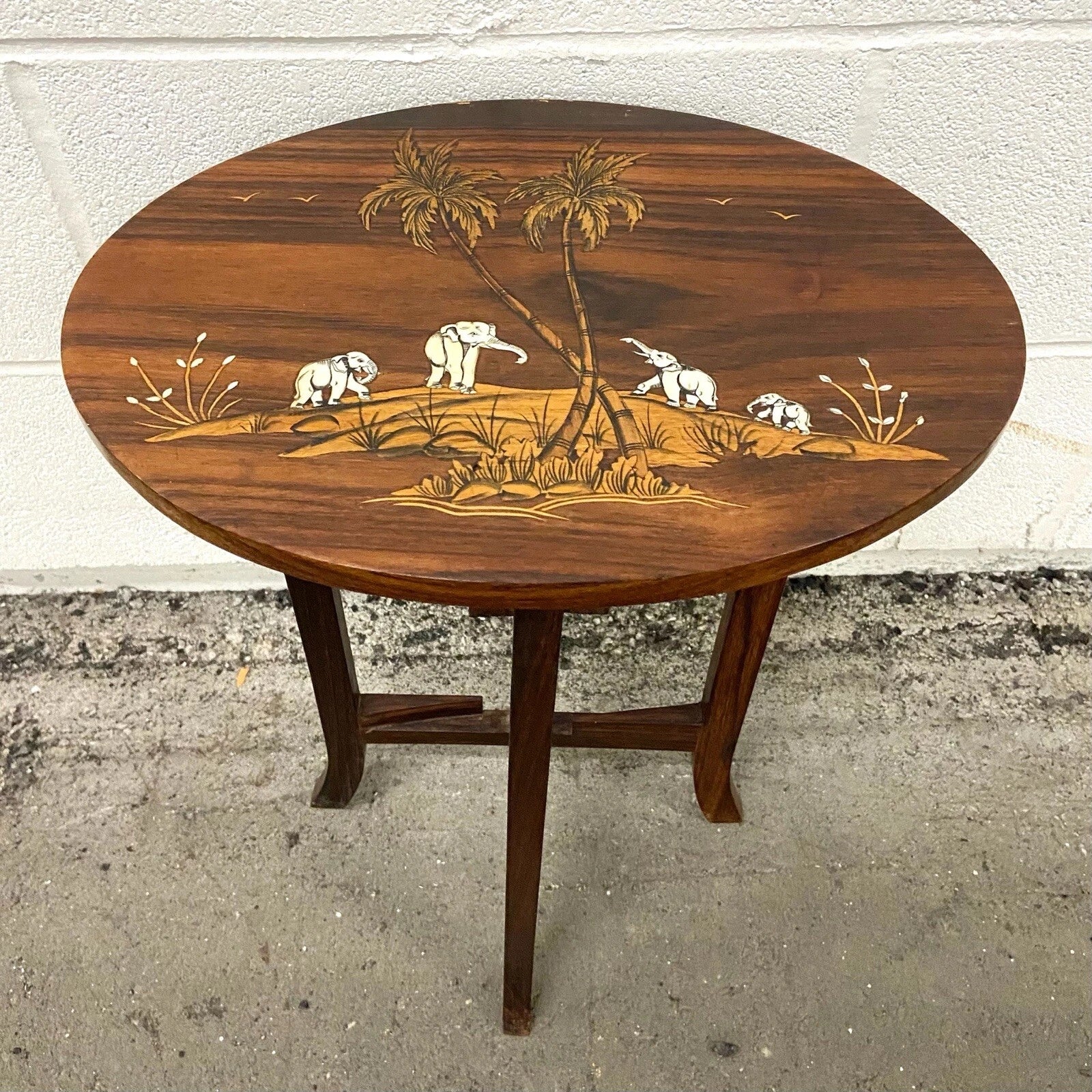 Vintage Shibayama Style Hardwood Side Table with Inlaid Elephant Scene