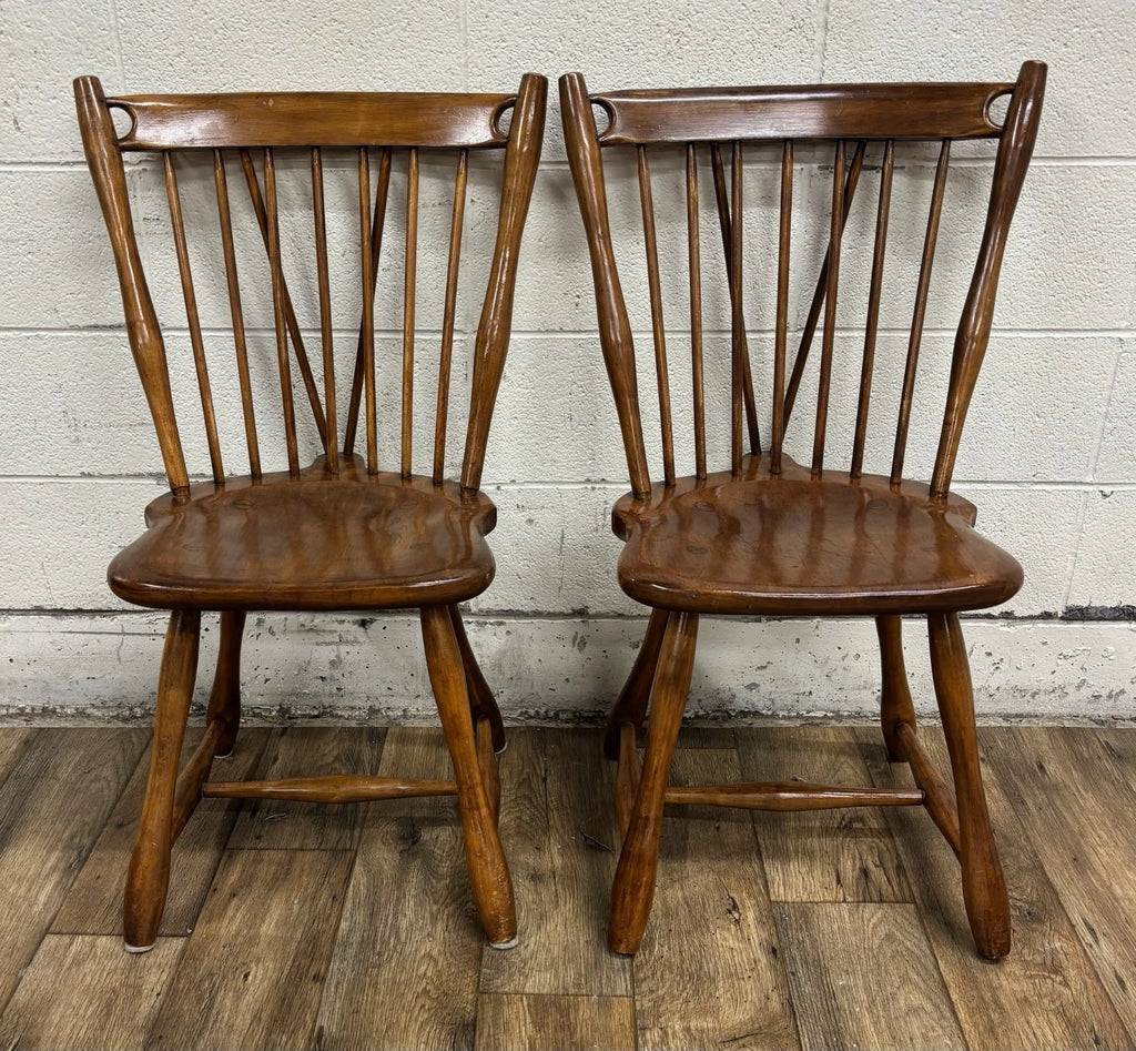 Antique Early American Style Solid Maple Spindle Back Dining Chairs - Pair