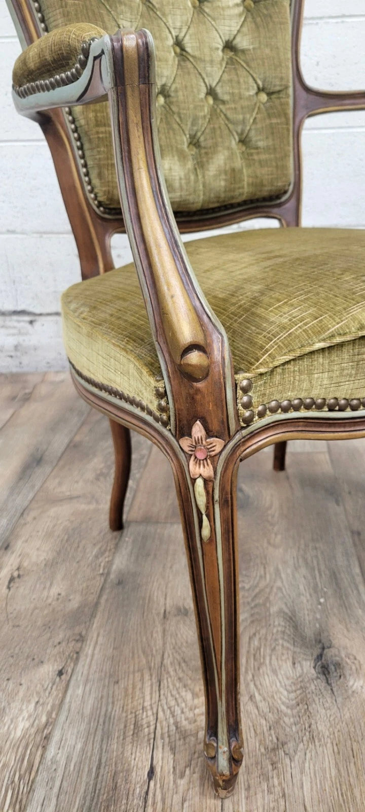 Vintage French Louis XV Style Green Upholstered Fauteuil Armchair