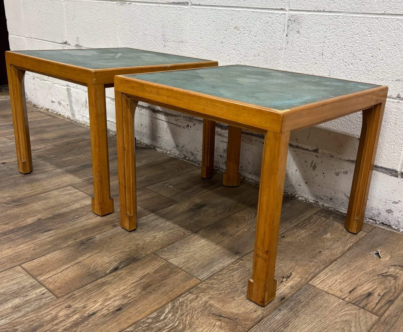 Vintage Tommi Parzinger for Charak Green Leather Top End Tables Side Tables