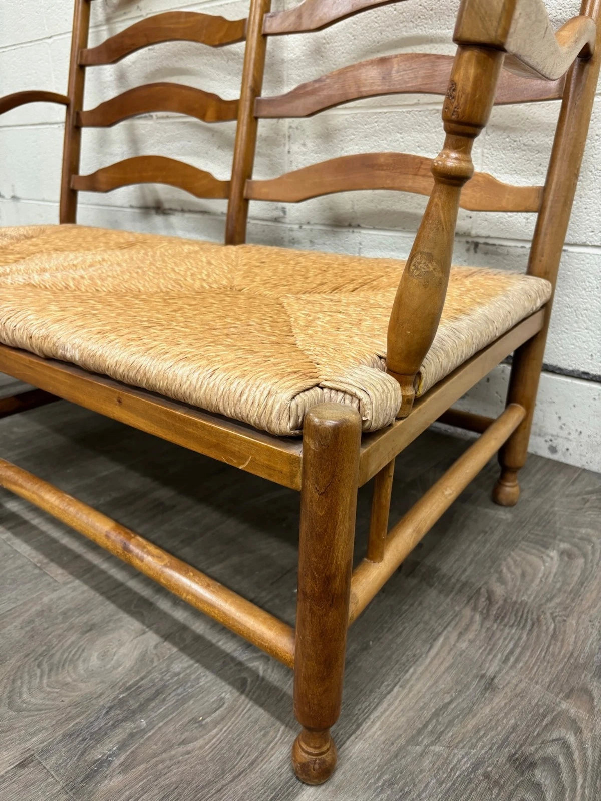 Vintage Country French Double Seat Ladder Back Rush Seat Bench Loveseat Settee