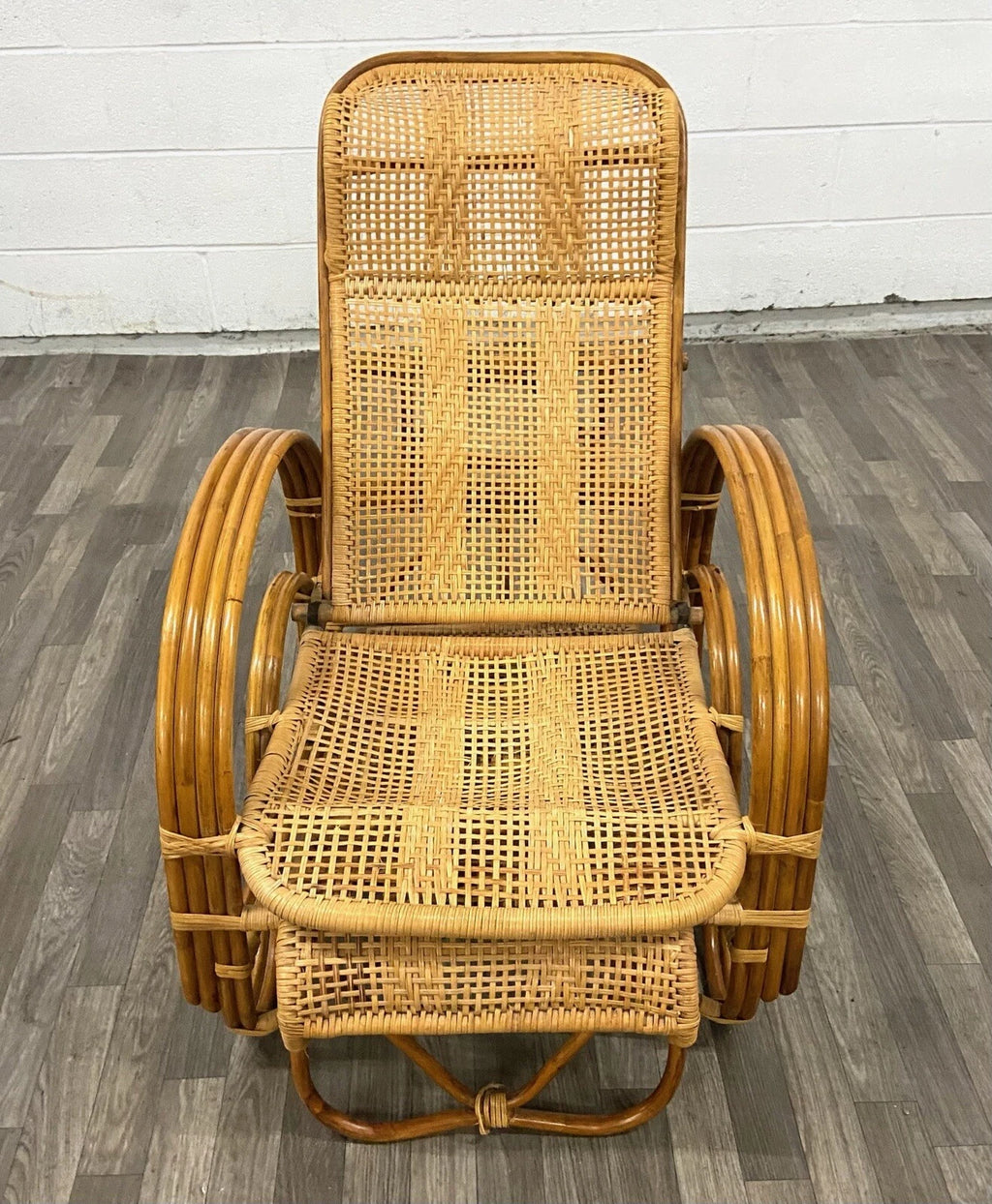 Vintage Boho Bentwood Adjustable Reclining Rattan Cane Chaise Lounge Chair