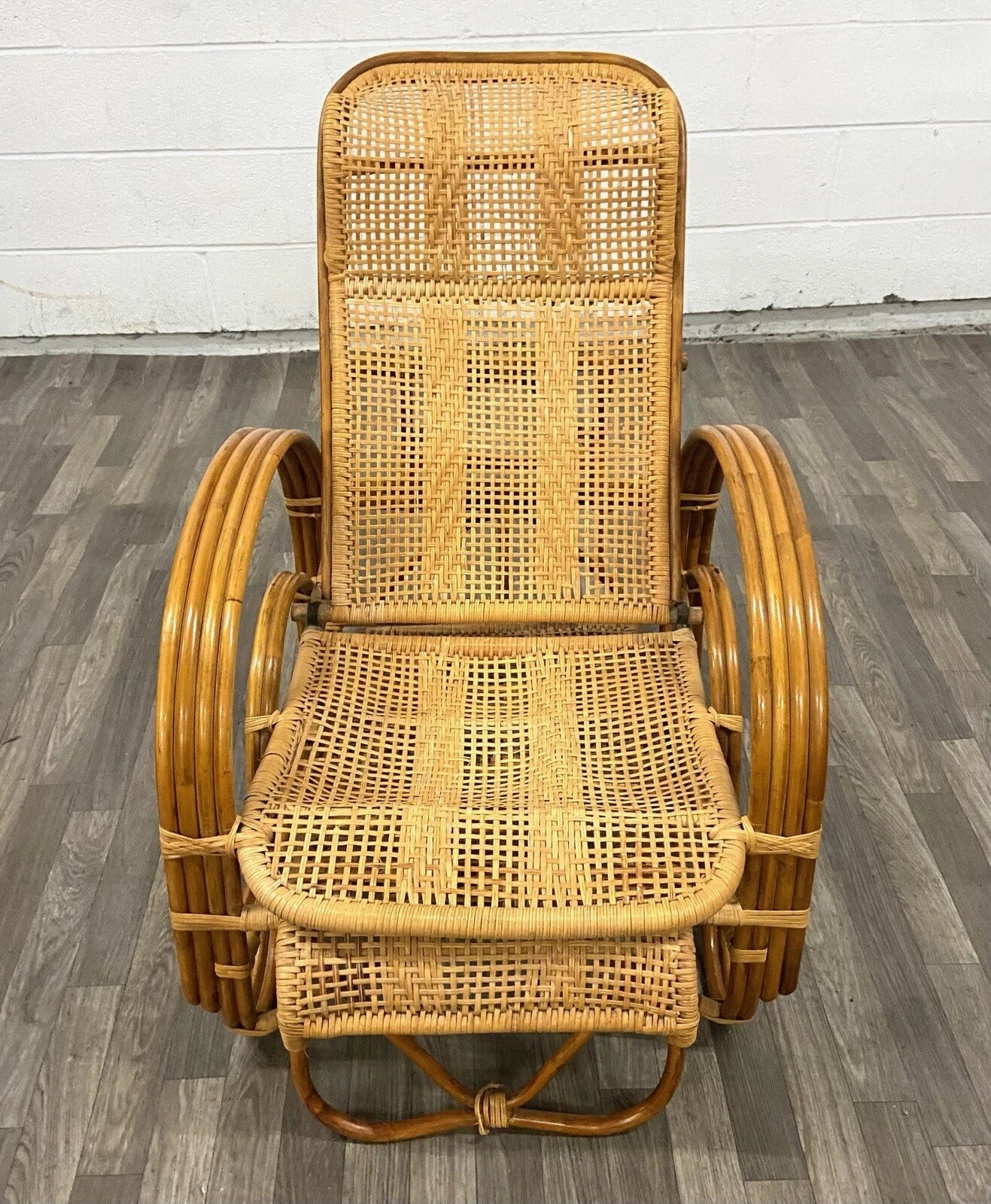 Vintage Boho Bentwood Adjustable Reclining Rattan Cane Chaise Lounge Chair
