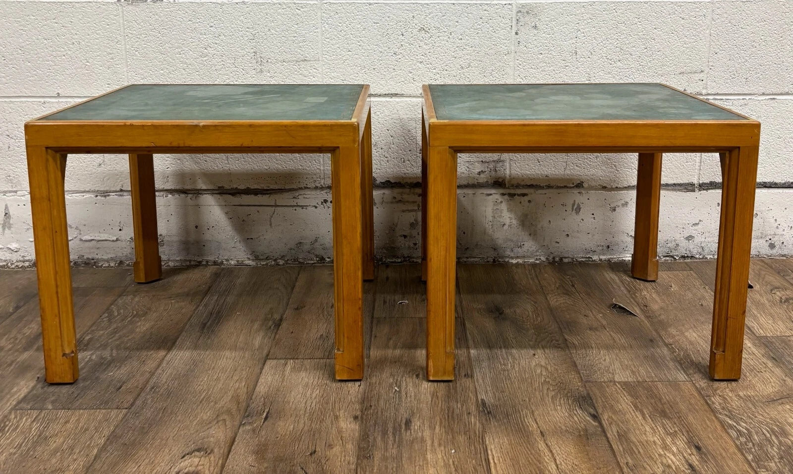 Vintage Tommi Parzinger for Charak Green Leather Top End Tables Side Tables