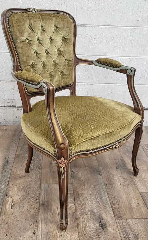 Vintage French Louis XV Style Green Upholstered Fauteuil Armchair