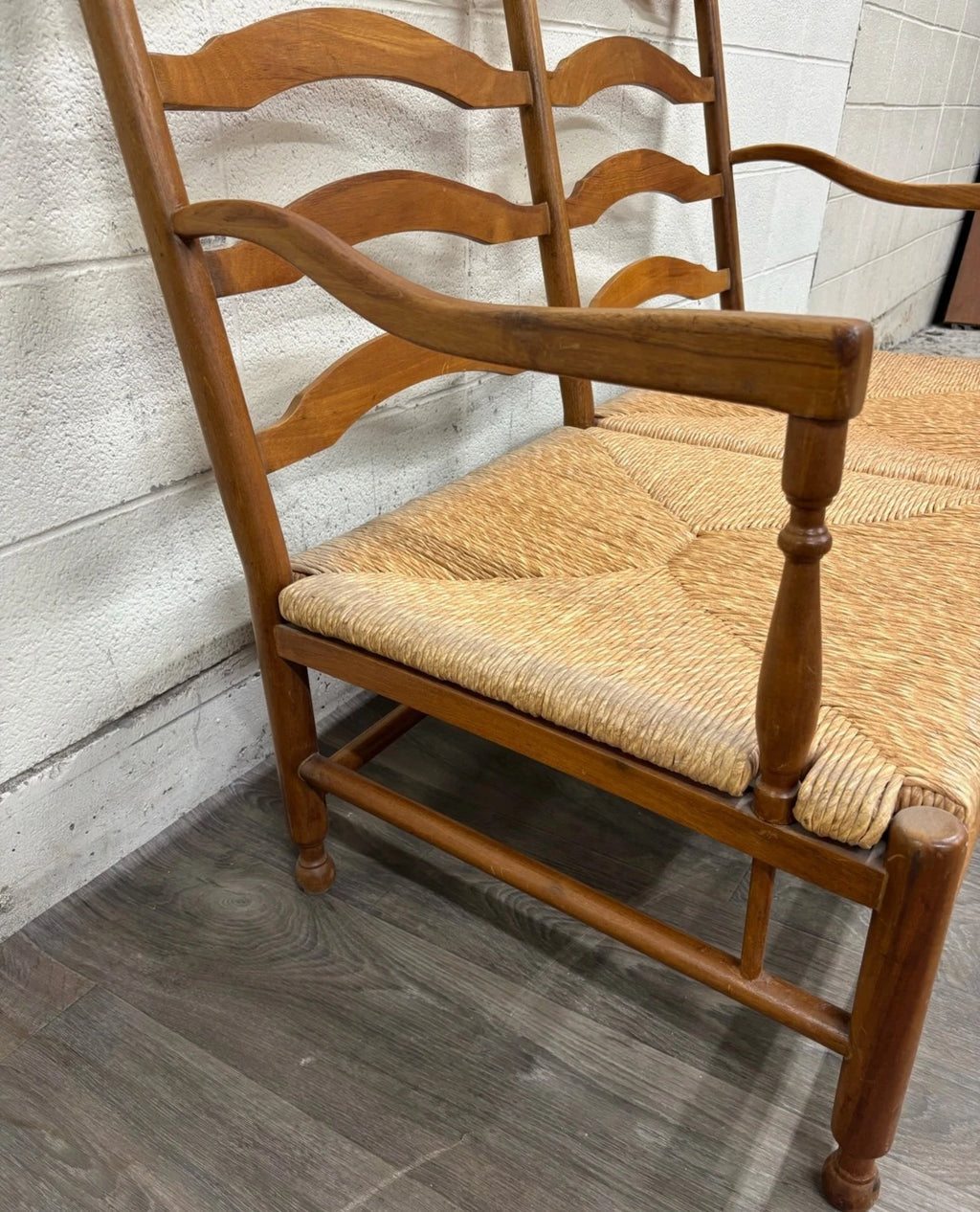 Vintage Country French Double Seat Ladder Back Rush Seat Bench Loveseat Settee
