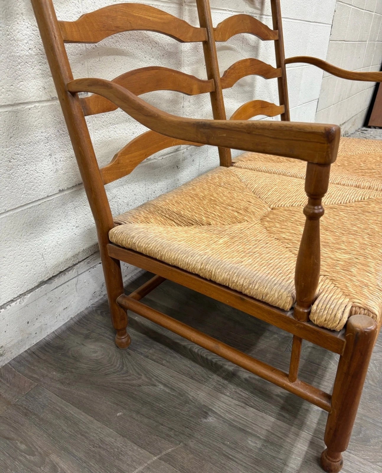 Vintage Country French Double Seat Ladder Back Rush Seat Bench Loveseat Settee