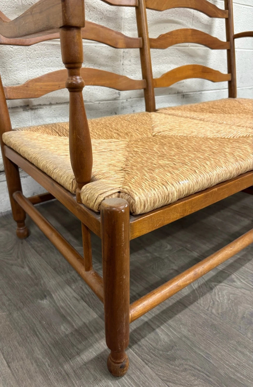 Vintage Country French Double Seat Ladder Back Rush Seat Bench Loveseat Settee
