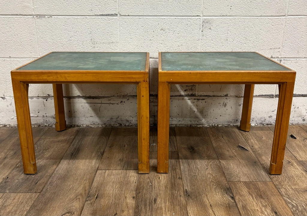 Vintage Tommi Parzinger for Charak Green Leather Top End Tables Side Tables