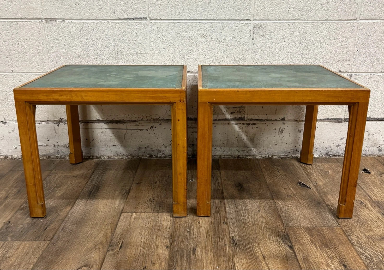 Vintage Tommi Parzinger for Charak Green Leather Top End Tables Side Tables