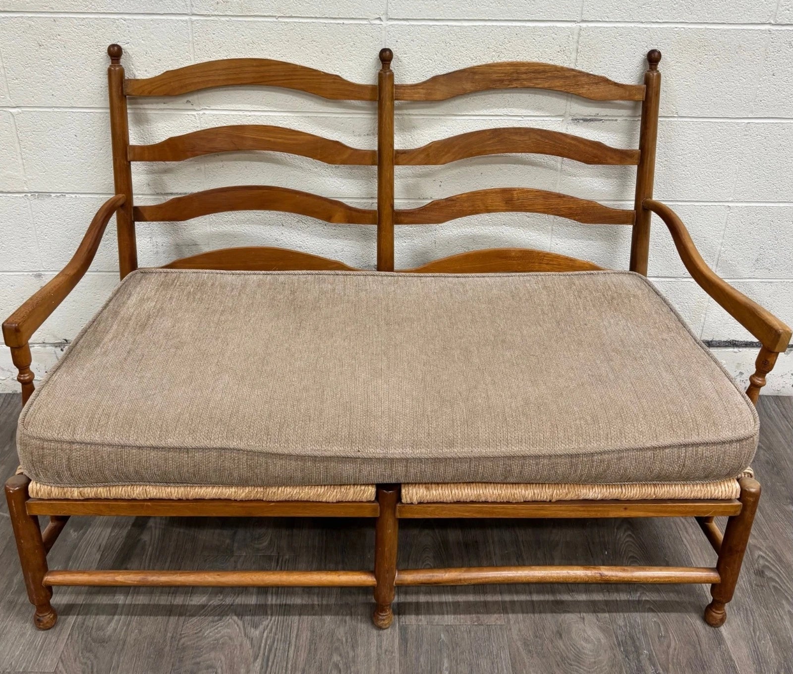 Vintage Country French Double Seat Ladder Back Rush Seat Bench Loveseat Settee