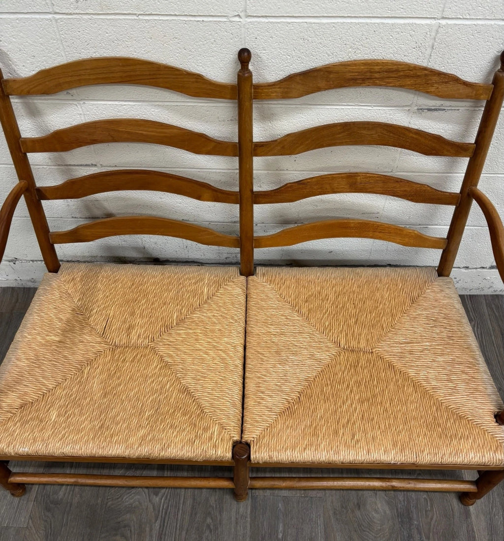 Vintage Country French Double Seat Ladder Back Rush Seat Bench Loveseat Settee