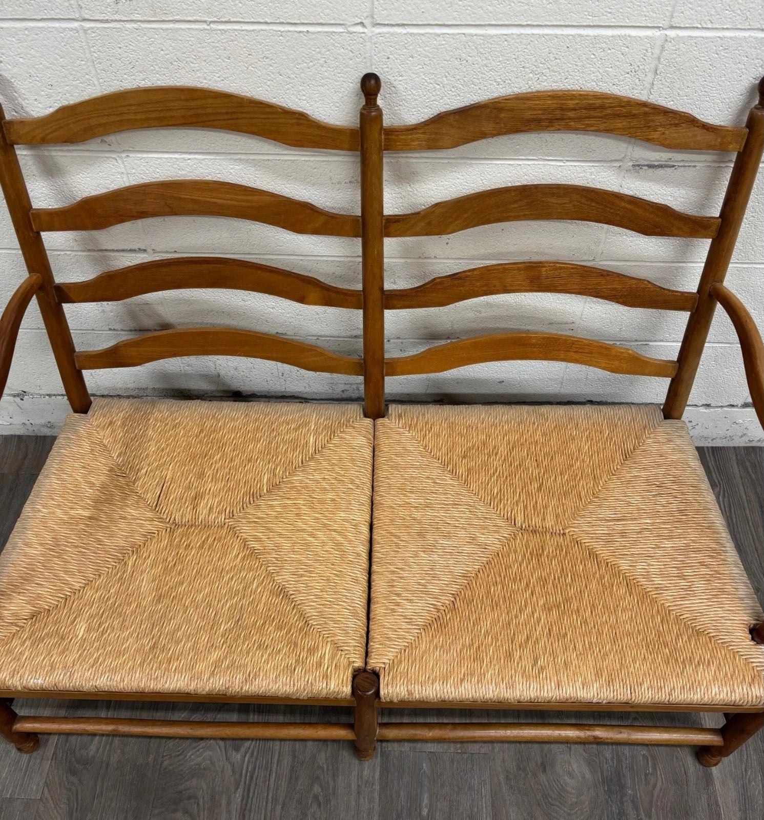 Vintage Country French Double Seat Ladder Back Rush Seat Bench Loveseat Settee