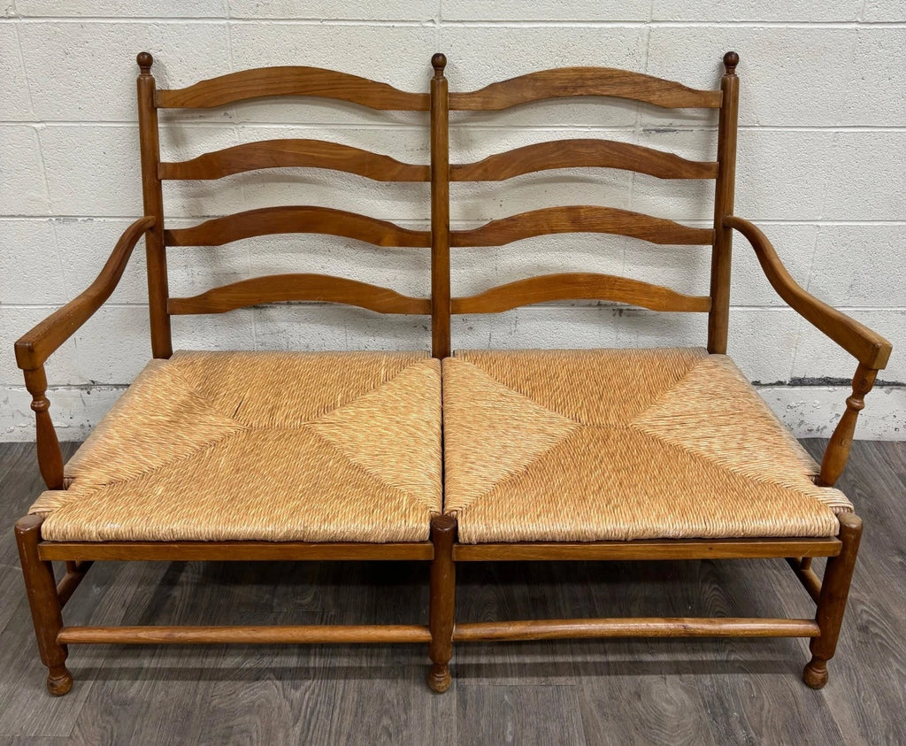 Vintage Country French Double Seat Ladder Back Rush Seat Bench Loveseat Settee
