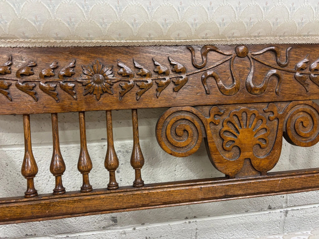 Antique Carved Spindle Back Carved Upholstered Settee