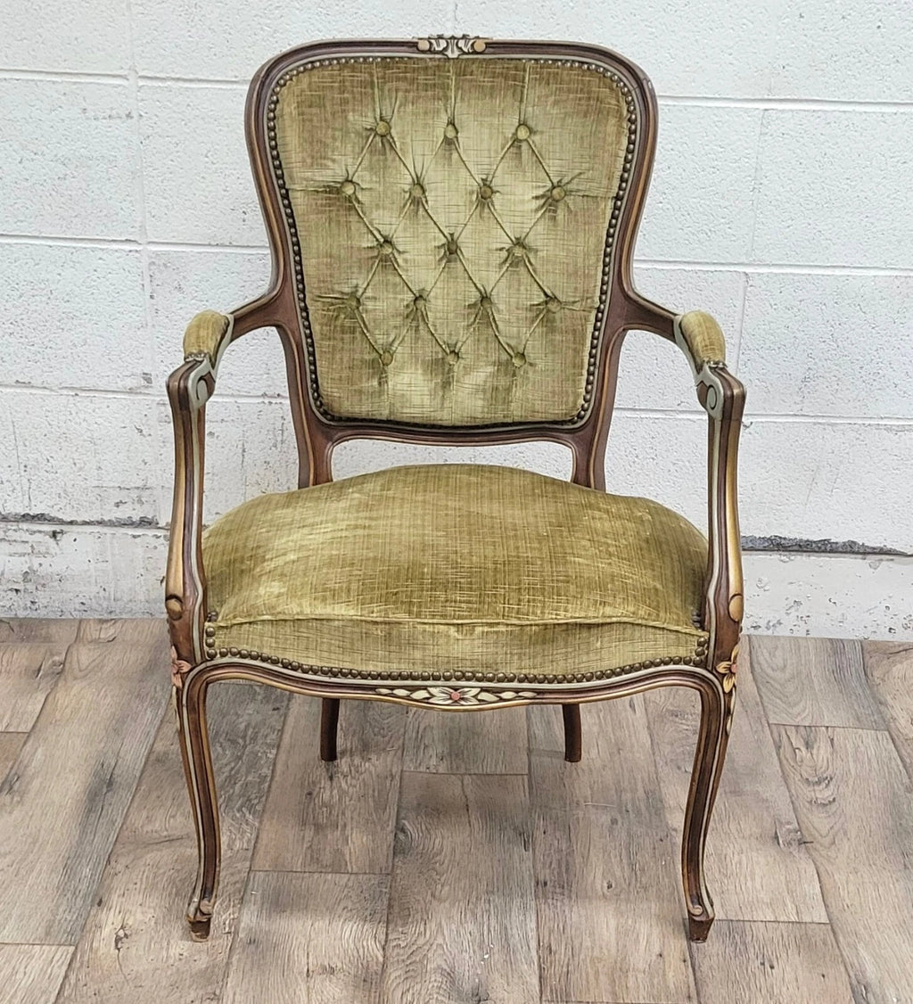 Vintage French Louis XV Style Green Upholstered Fauteuil Armchair