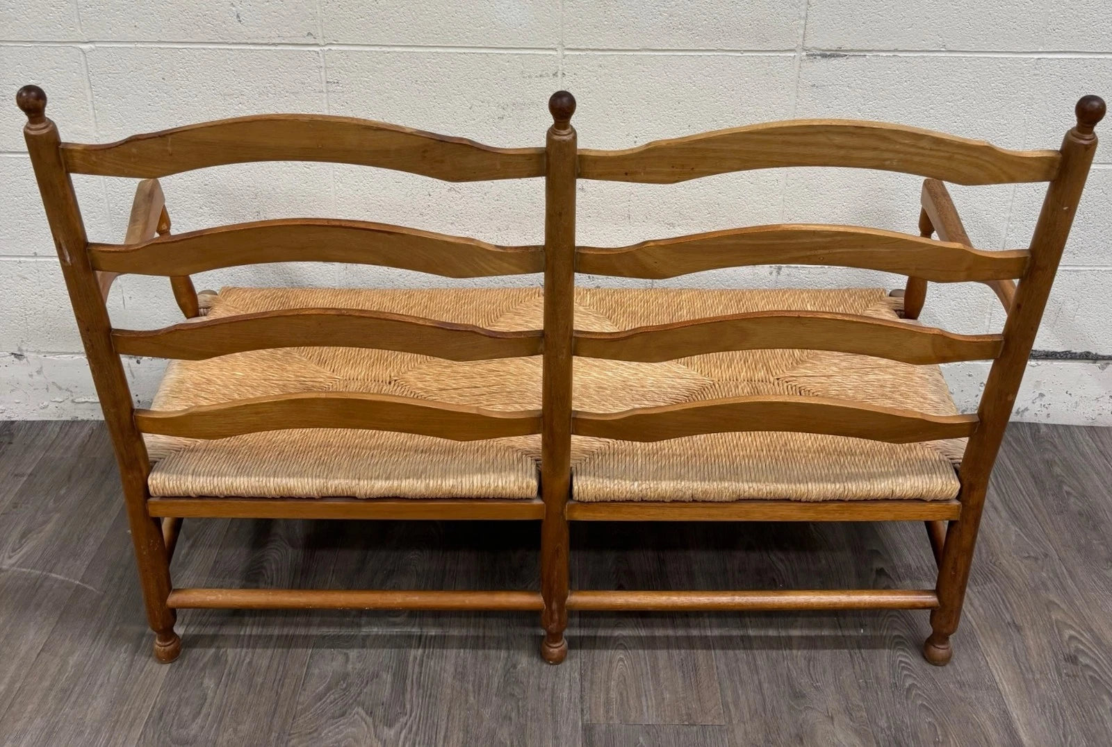 Vintage Country French Double Seat Ladder Back Rush Seat Bench Loveseat Settee