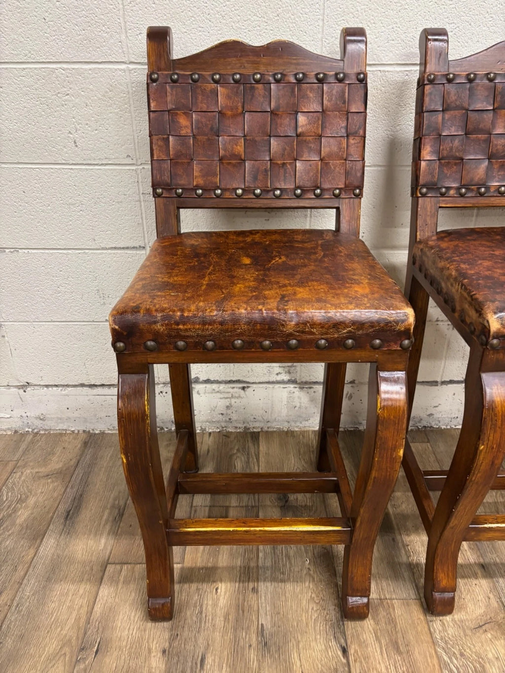 Western Rustic Spanish Colonial Leather and Nailhead Barstools - Pair