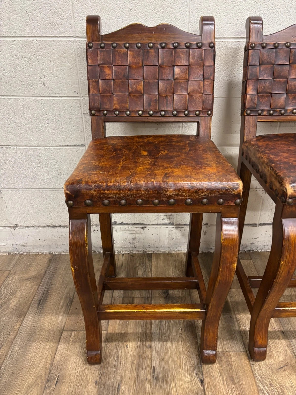 Western Rustic Spanish Colonial Leather and Nailhead Barstools - Pair