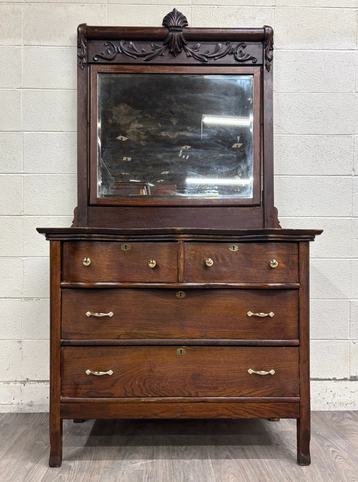 Antique Late Victorian Edwardian Serpentine Oak Dresser with Removable Mirror