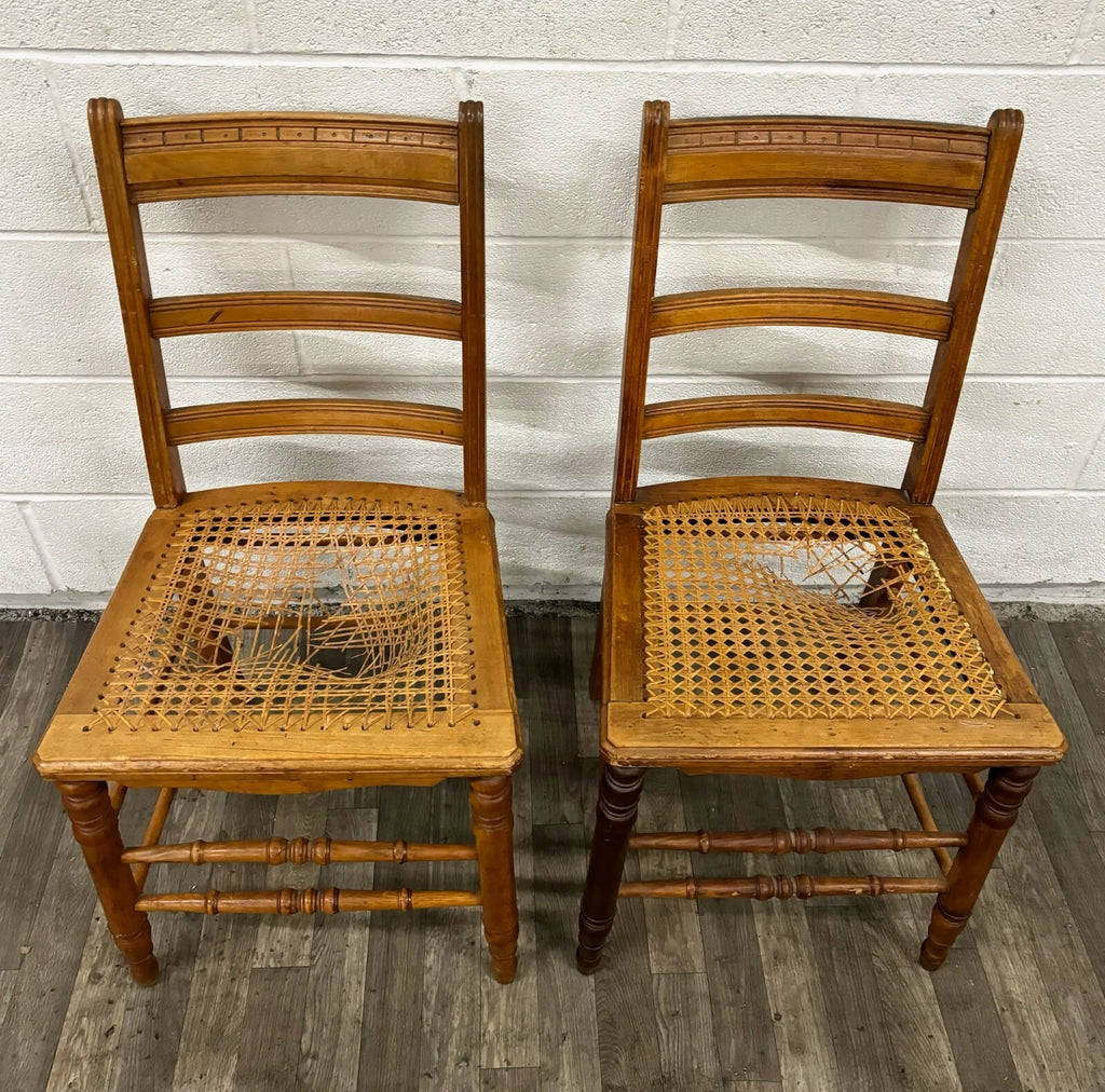 Vintage Colonial Style Ladderback Cane Seat Dining Chairs - Pair