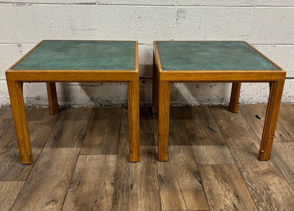 Vintage Tommi Parzinger for Charak Green Leather Top End Tables Side Tables