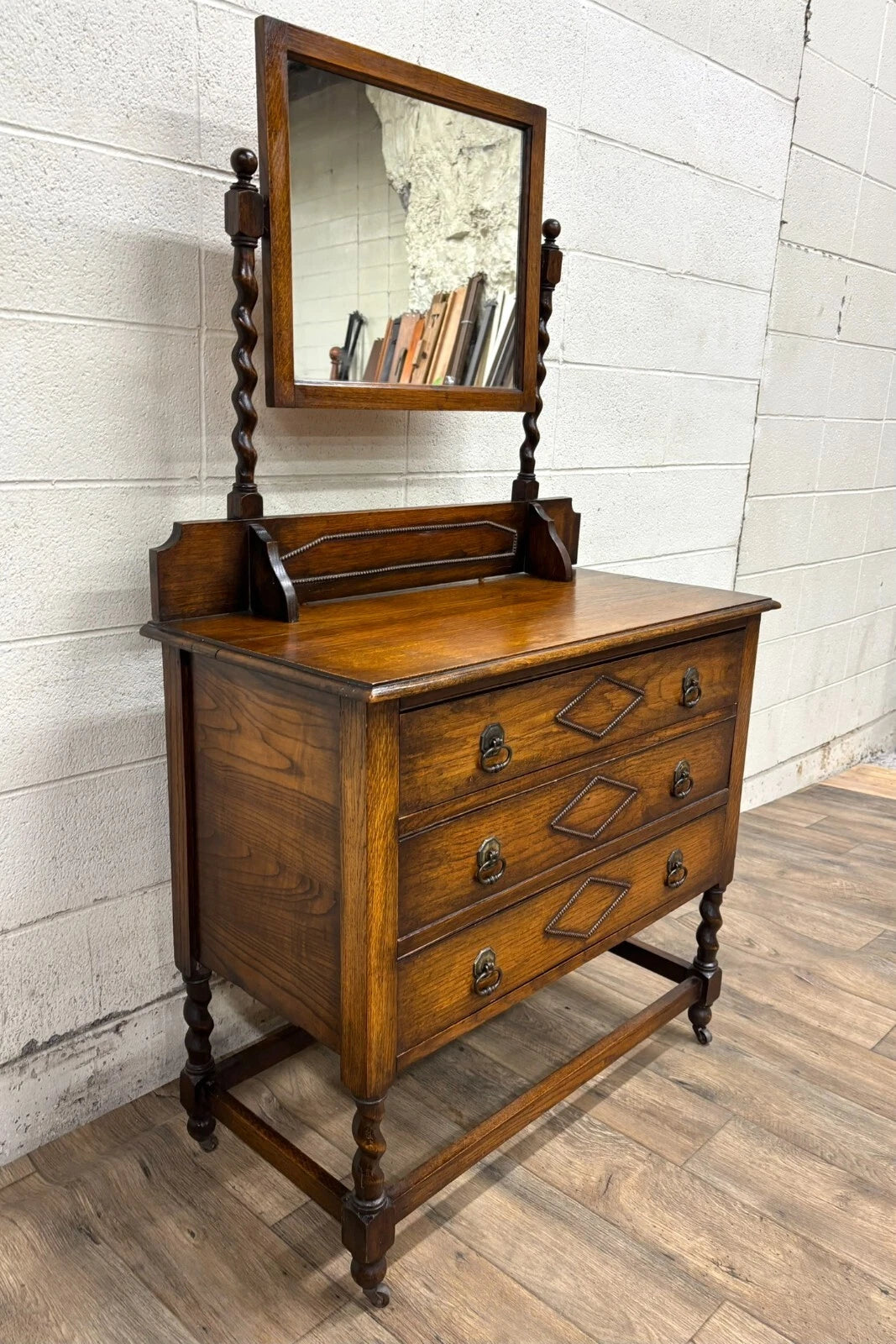 Antique Barley Twist Tiger Oak Dresser with Swivel Mirror
