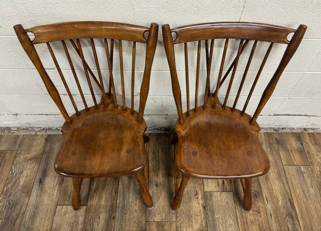 Antique Early American Style Solid Maple Spindle Back Dining Chairs - Pair