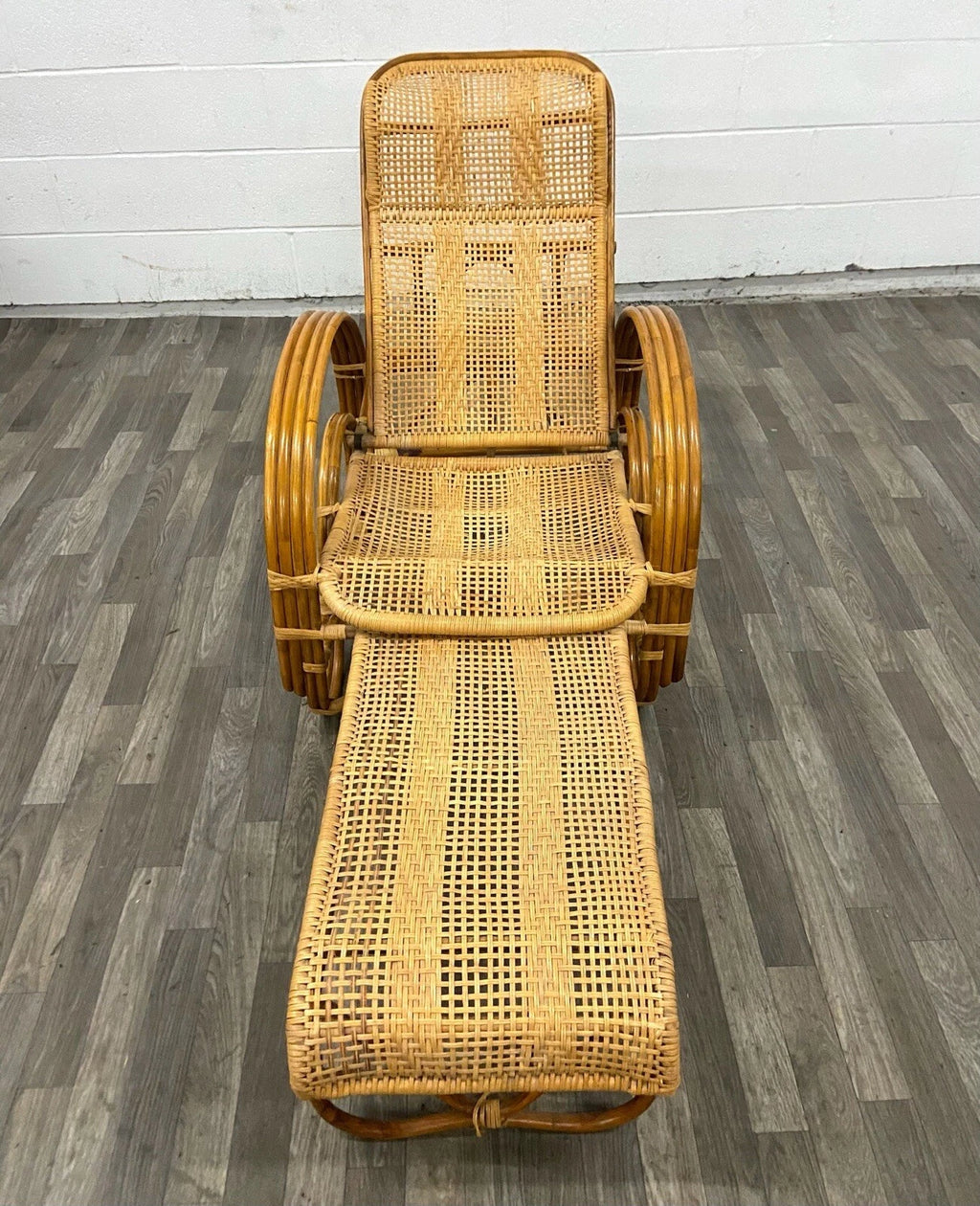 Vintage Boho Bentwood Adjustable Reclining Rattan Cane Chaise Lounge Chair