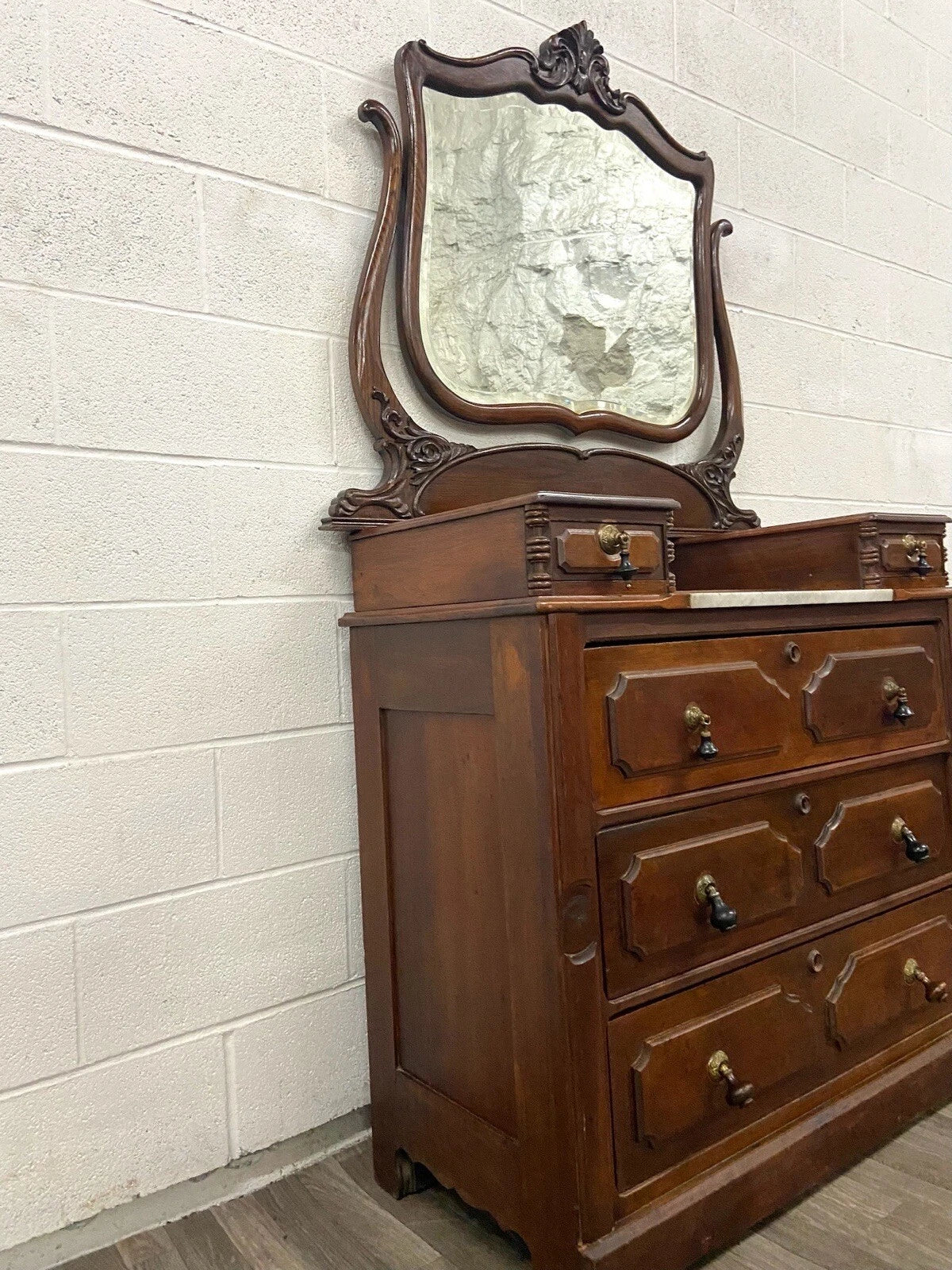 Antique Victorian Walnut and Marble Five Drawer Dresser With Mirror