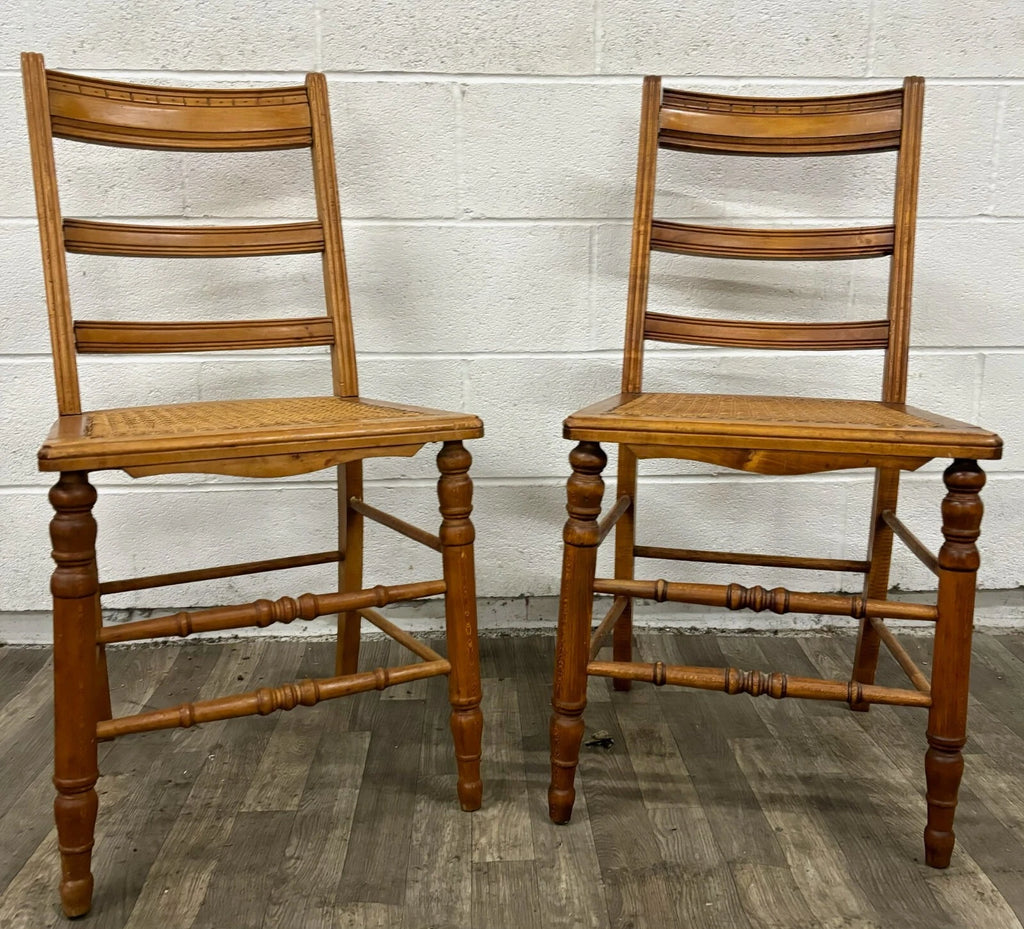 Vintage Colonial Style Ladderback Cane Seat Dining Chairs - Pair