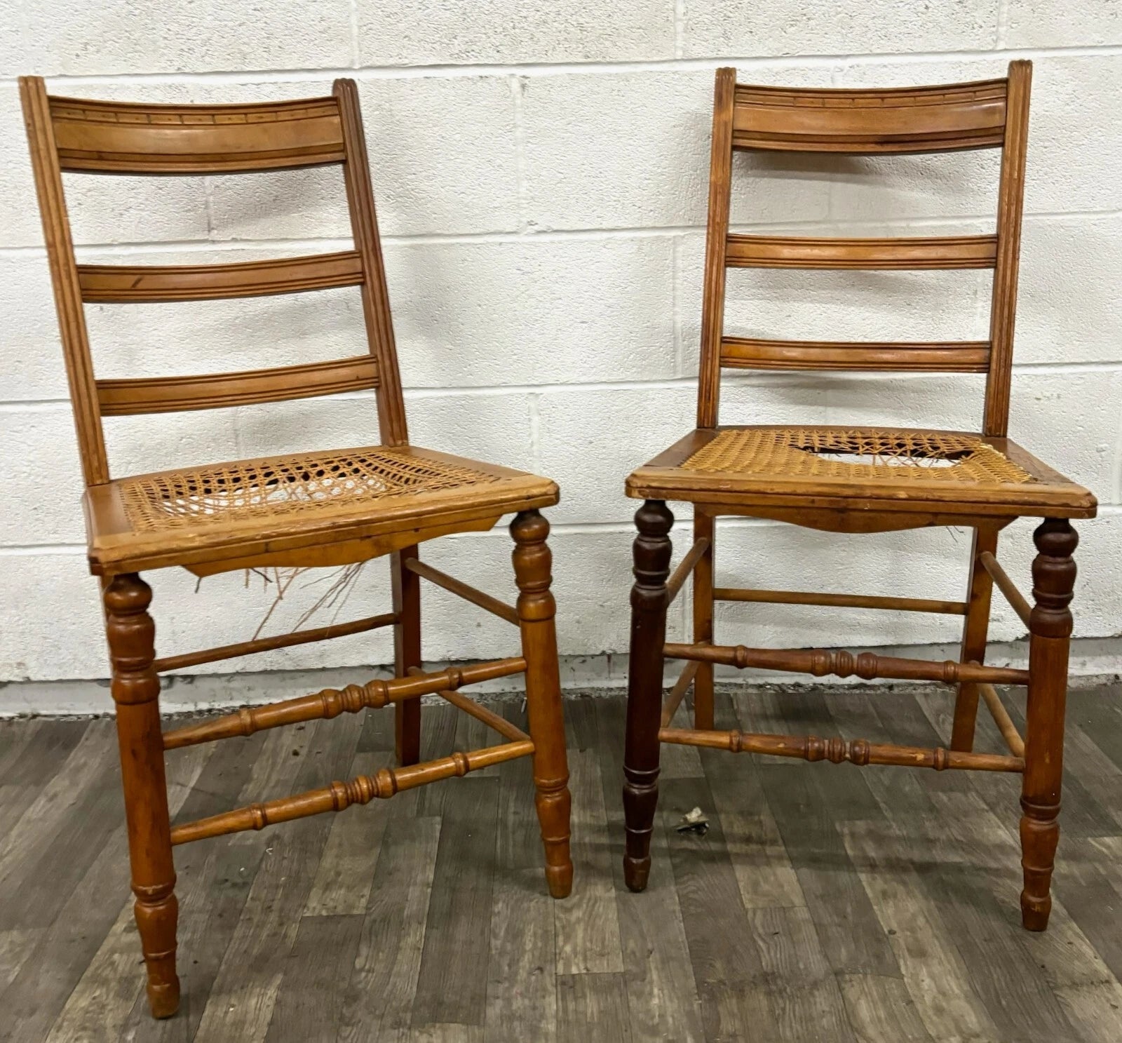 Vintage Colonial Style Ladderback Cane Seat Dining Chairs - Pair