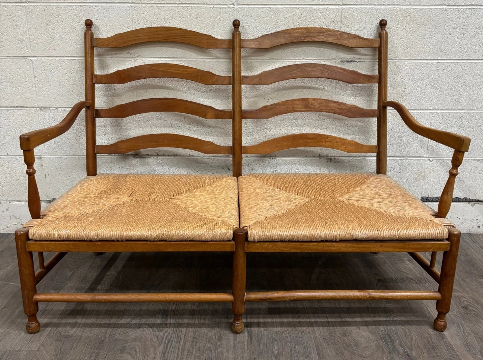 Vintage Country French Double Seat Ladder Back Rush Seat Bench Loveseat Settee