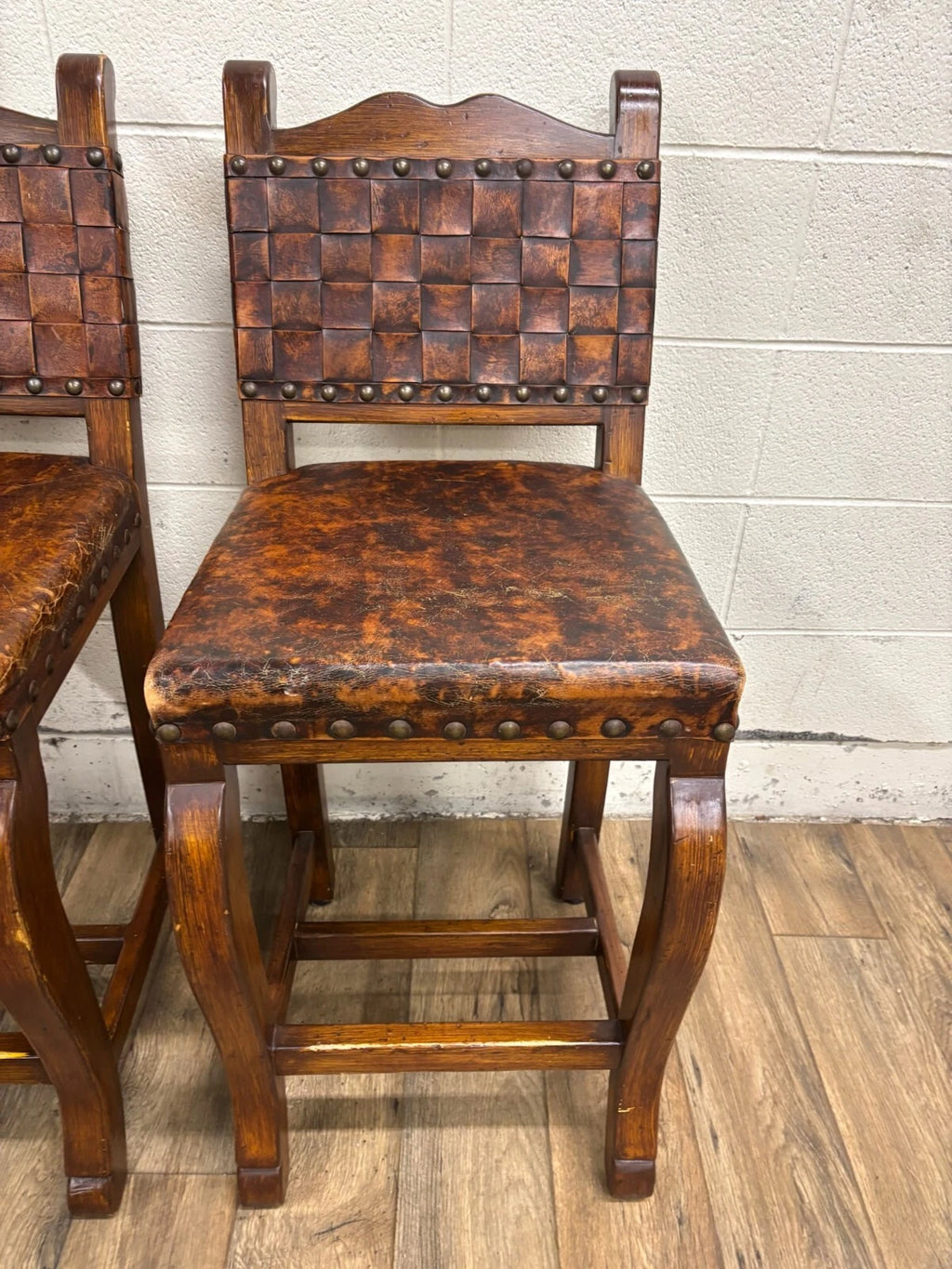 Western Rustic Spanish Colonial Leather and Nailhead Barstools - Pair