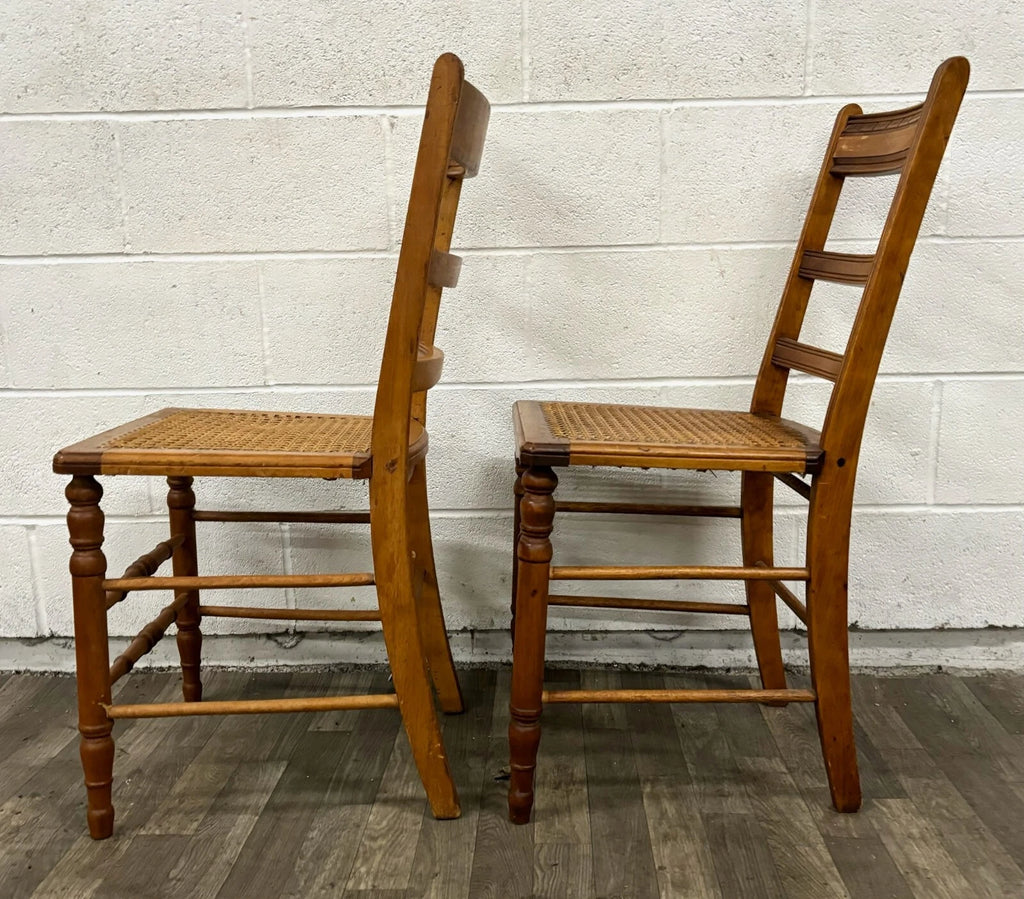 Vintage Colonial Style Ladderback Cane Seat Dining Chairs - Pair