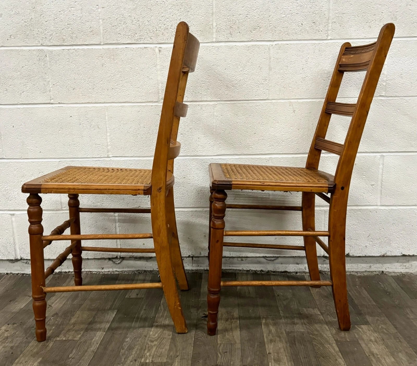 Vintage Colonial Style Ladderback Cane Seat Dining Chairs - Pair