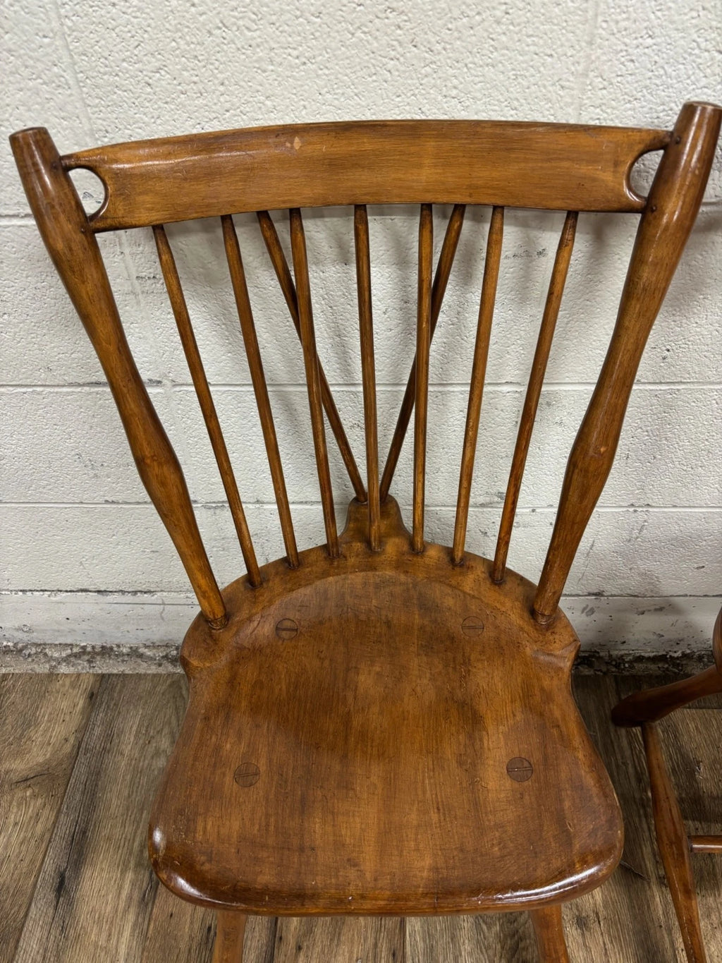 Antique Early American Style Solid Maple Spindle Back Dining Chairs - Pair
