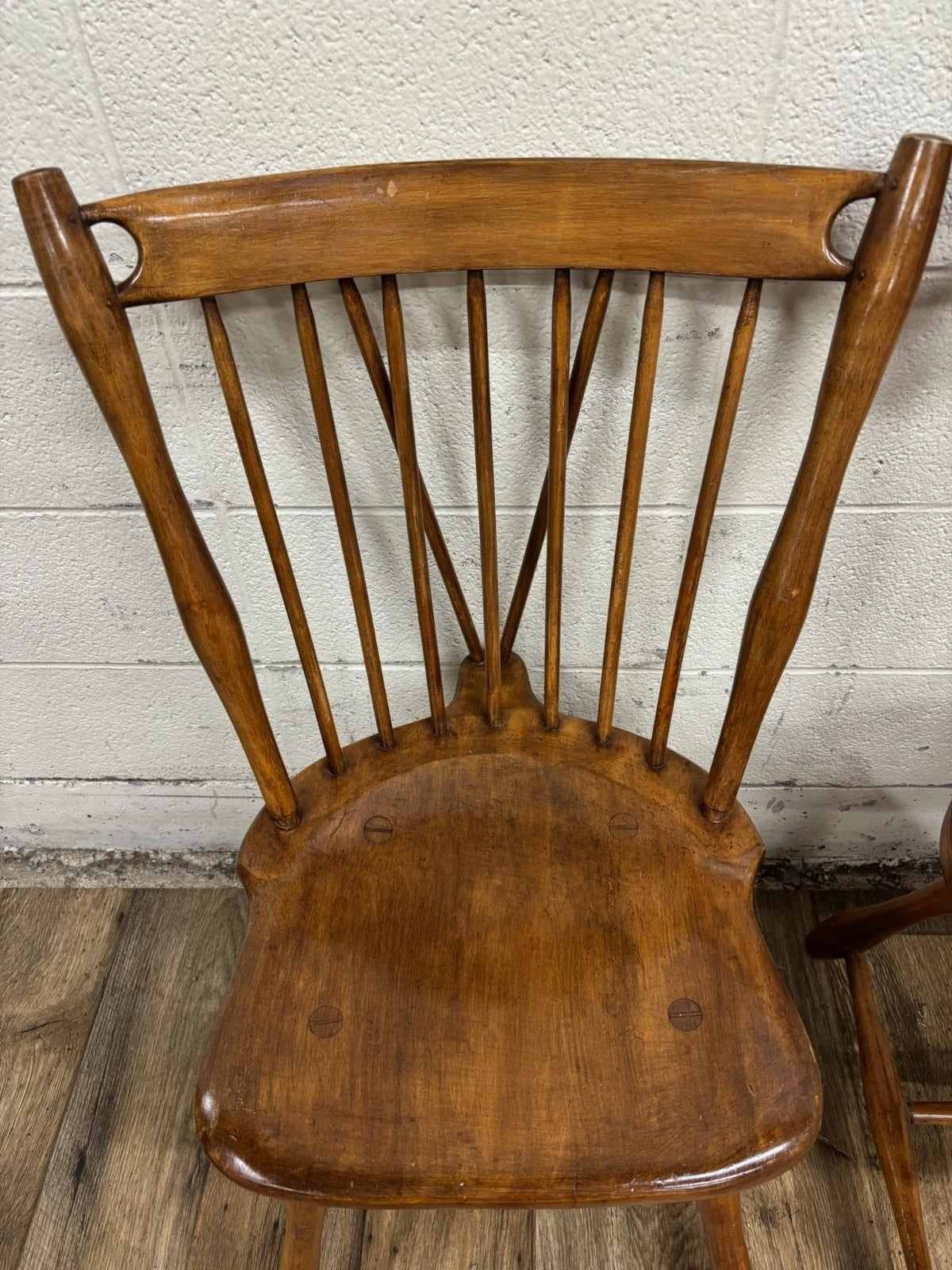 Antique Early American Style Solid Maple Spindle Back Dining Chairs - Pair